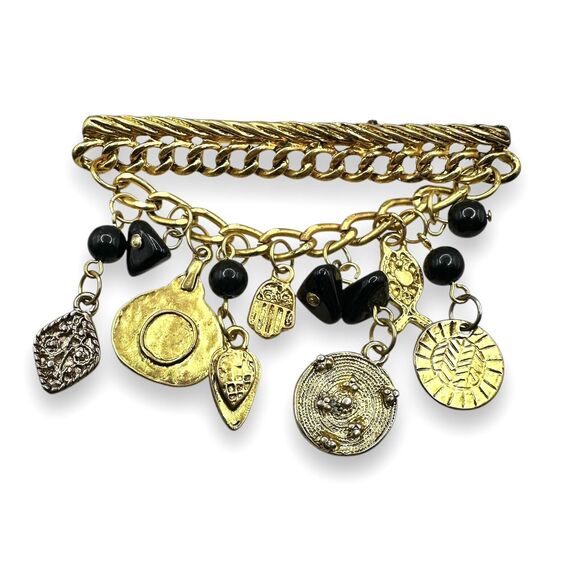Vintage Chatelaine Hamsa Hand Bar Brooch Charm Dangle Matte Gold Tone 80s 90s - Picture 1 of 4